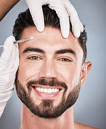 Needle, man and portrait for skincare